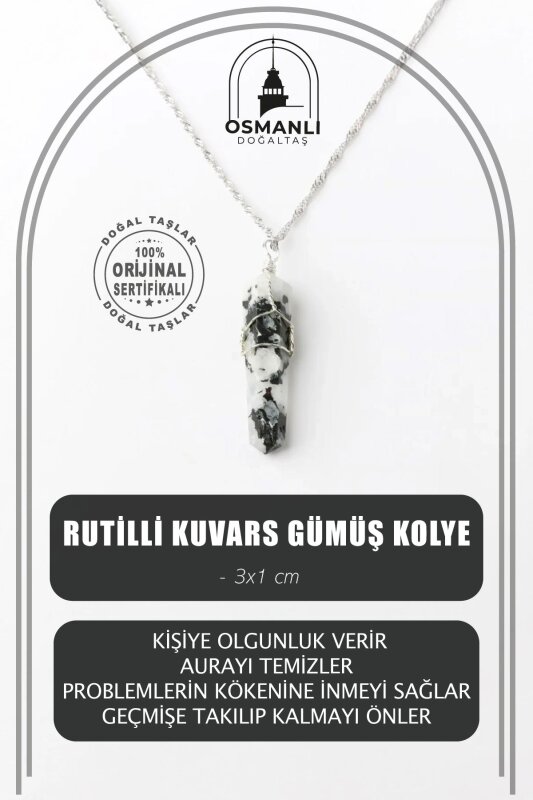 Rutilli Kuvars Doğal Taş Kolye Ucu 3x1 cm, Gümüş Zincir - 2