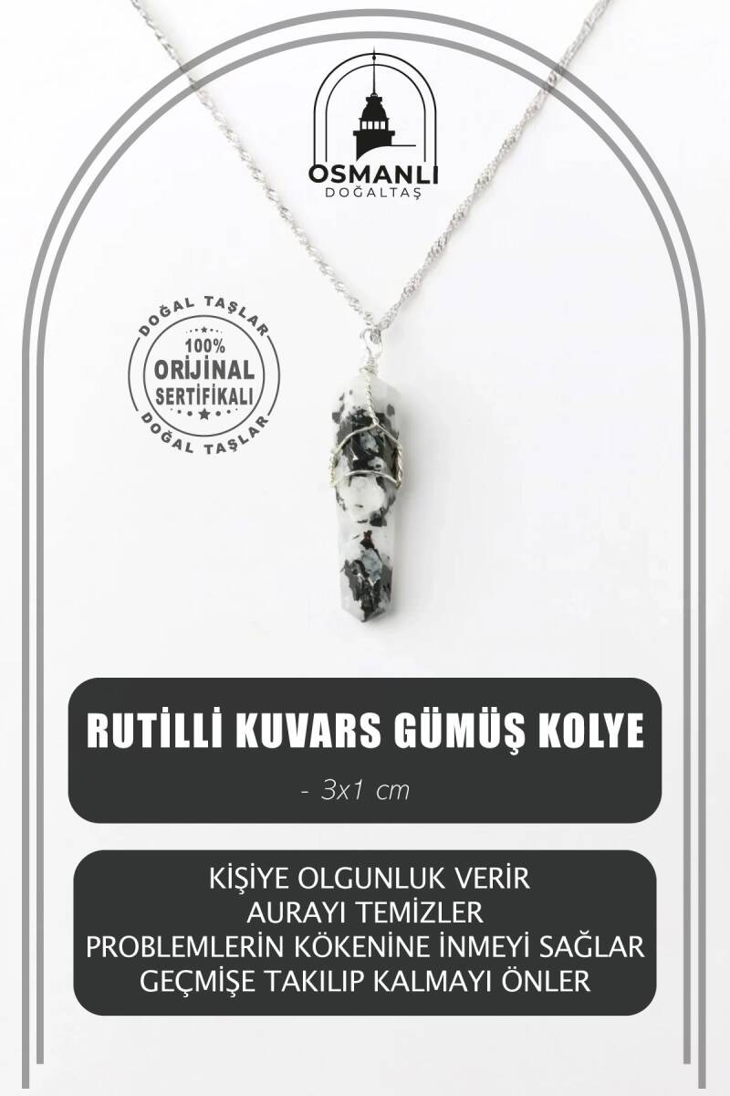 Rutilli Kuvars Doğal Taş Kolye Ucu 3x1 cm, Gümüş Zincir - 2