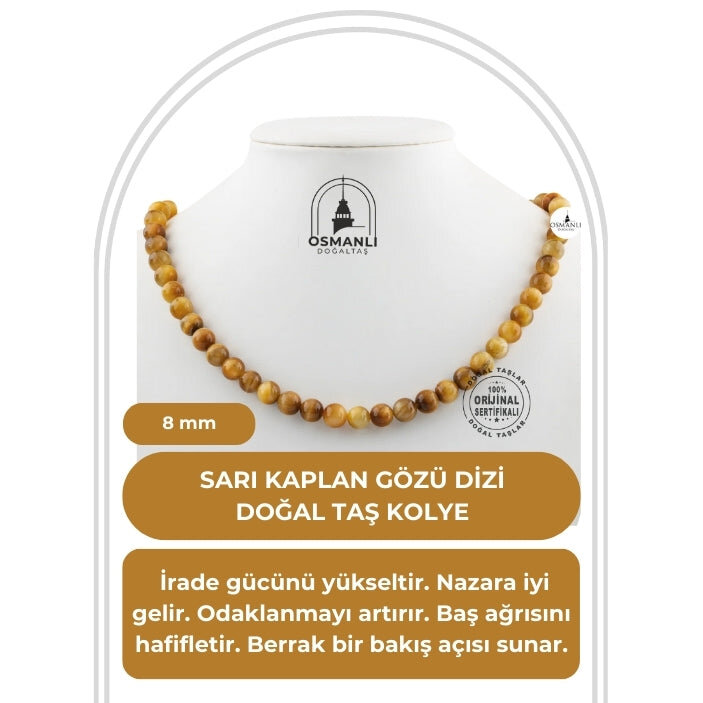 Sarı Kaplan Gözü 8 mm Dizi Doğal Taş Kolye - 2