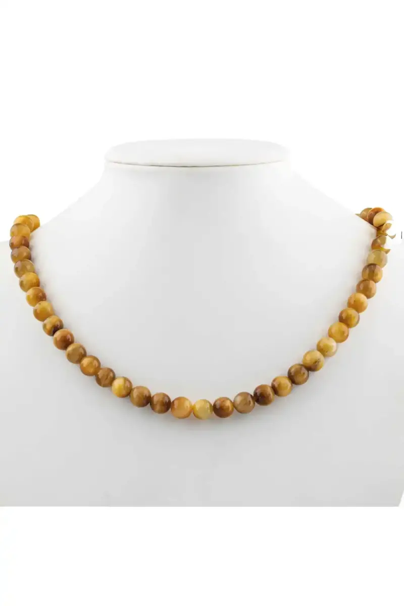 Sarı Kaplan Gözü 8 mm Dizi Doğal Taş Kolye - 1