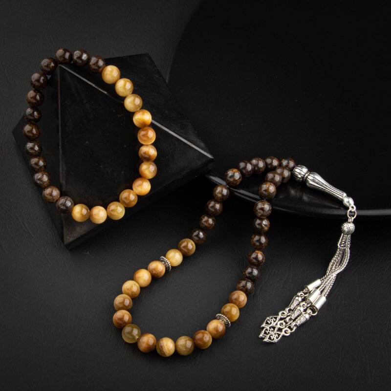 Sarı Kaplan Gözü-Bronzit Doğal Taş Tesbih Bileklik Seti - Doğal Taş