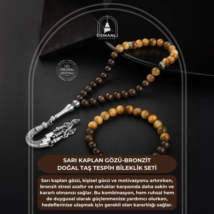 Sarı Kaplan Gözü-Bronzit Doğal Taş Tesbih Bileklik Seti - 2