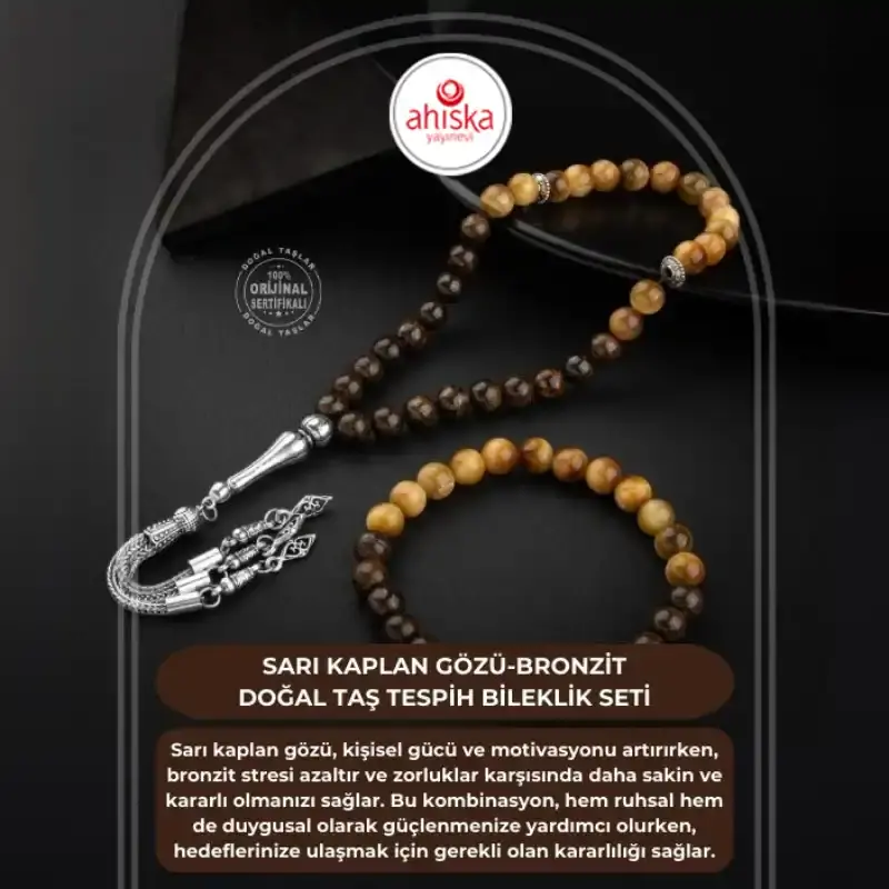Sarı Kaplan Gözü-Bronzit Doğal Taş Tesbih Bileklik Seti - 2