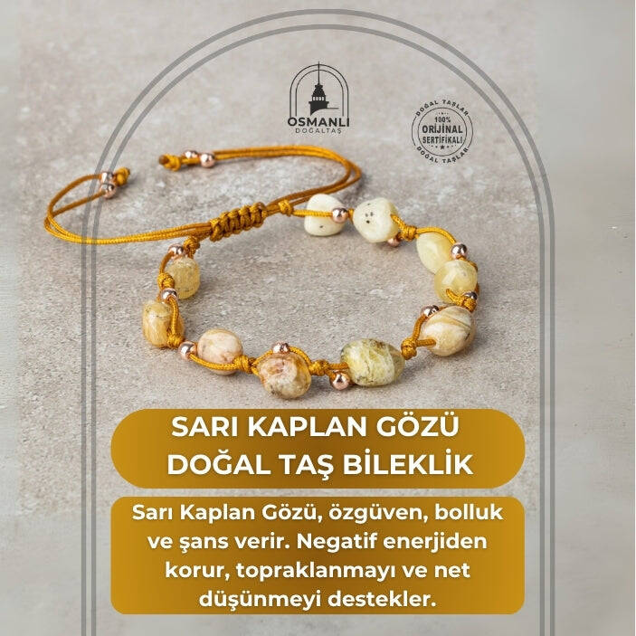 Sarı Kaplan Gözü Natürel Kesim Doğal Taş Makrome Bileklik - 2