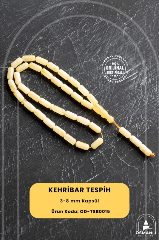Sertifikalı 3-8 mm Silindir Kesim Kehribar Tesbih - Doğal Taş