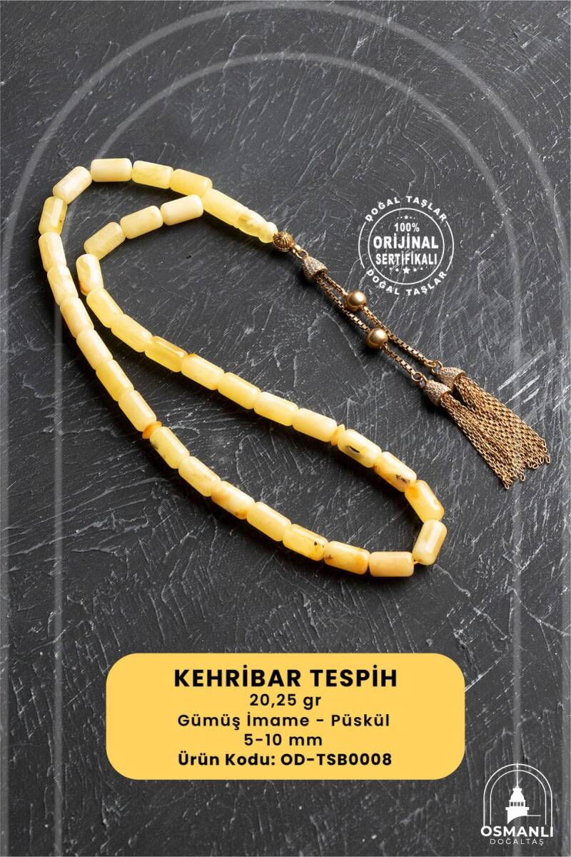 Sertifikalı 5-10 mm Silindir Kesim 20,25 gr Gold Eskitme Kaplamalı Gümüş İmame ve Püsküllü Kehribar Tesbih - 1