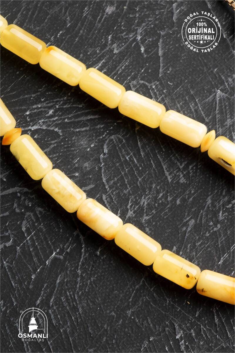 Sertifikalı 5-10 mm Silindir Kesim 20,25 gr Gold Eskitme Kaplamalı Gümüş İmame ve Püsküllü Kehribar Tesbih - 2