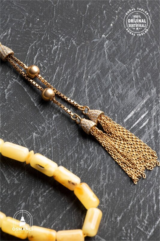 Sertifikalı 5-10 mm Silindir Kesim 20,25 gr Gold Eskitme Kaplamalı Gümüş İmame ve Püsküllü Kehribar Tesbih - 3