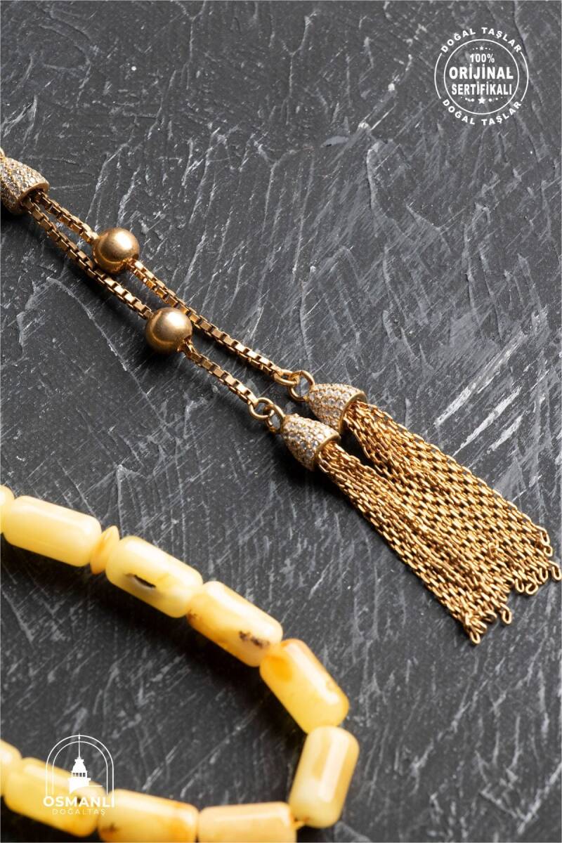 Sertifikalı 5-10 mm Silindir Kesim 20,25 gr Gold Eskitme Kaplamalı Gümüş İmame ve Püsküllü Kehribar Tesbih - 3