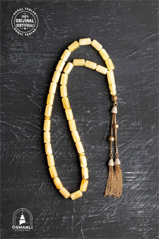 Sertifikalı 5-10 mm Silindir Kesim 20,25 gr Gold Eskitme Kaplamalı Gümüş İmame ve Püsküllü Kehribar Tesbih - 4