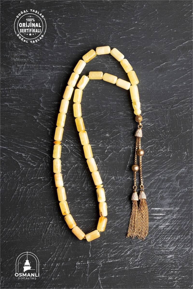 Sertifikalı 5-10 mm Silindir Kesim 20,25 gr Gold Eskitme Kaplamalı Gümüş İmame ve Püsküllü Kehribar Tesbih - 4