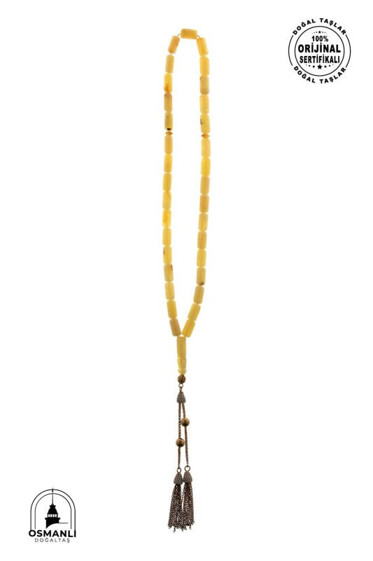 Sertifikalı 5-10 mm Silindir Kesim 20,25 gr Gold Eskitme Kaplamalı Gümüş İmame ve Püsküllü Kehribar Tesbih - 5