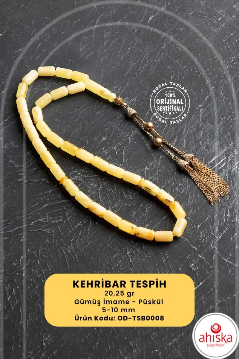 Sertifikalı 5-10 mm Silindir Kesim 20,25 gr Gold Eskitme Kaplamalı Gümüş İmame ve Püsküllü Kehribar Tesbih