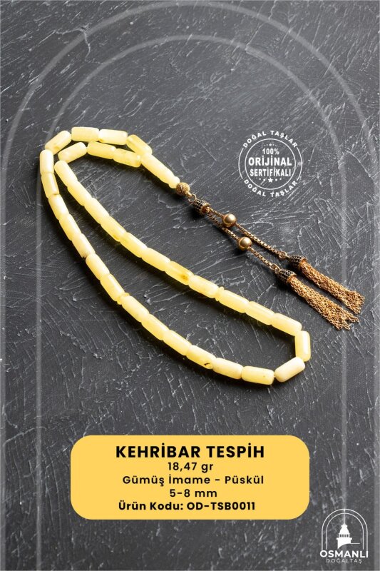 Sertifikalı 5-10 mm Silindir Kesim Gold Eskitme Kaplamalı Gümüş İmame ve Püsküllü Kehribar Tesbih - 18,47 gr - Doğal Taş