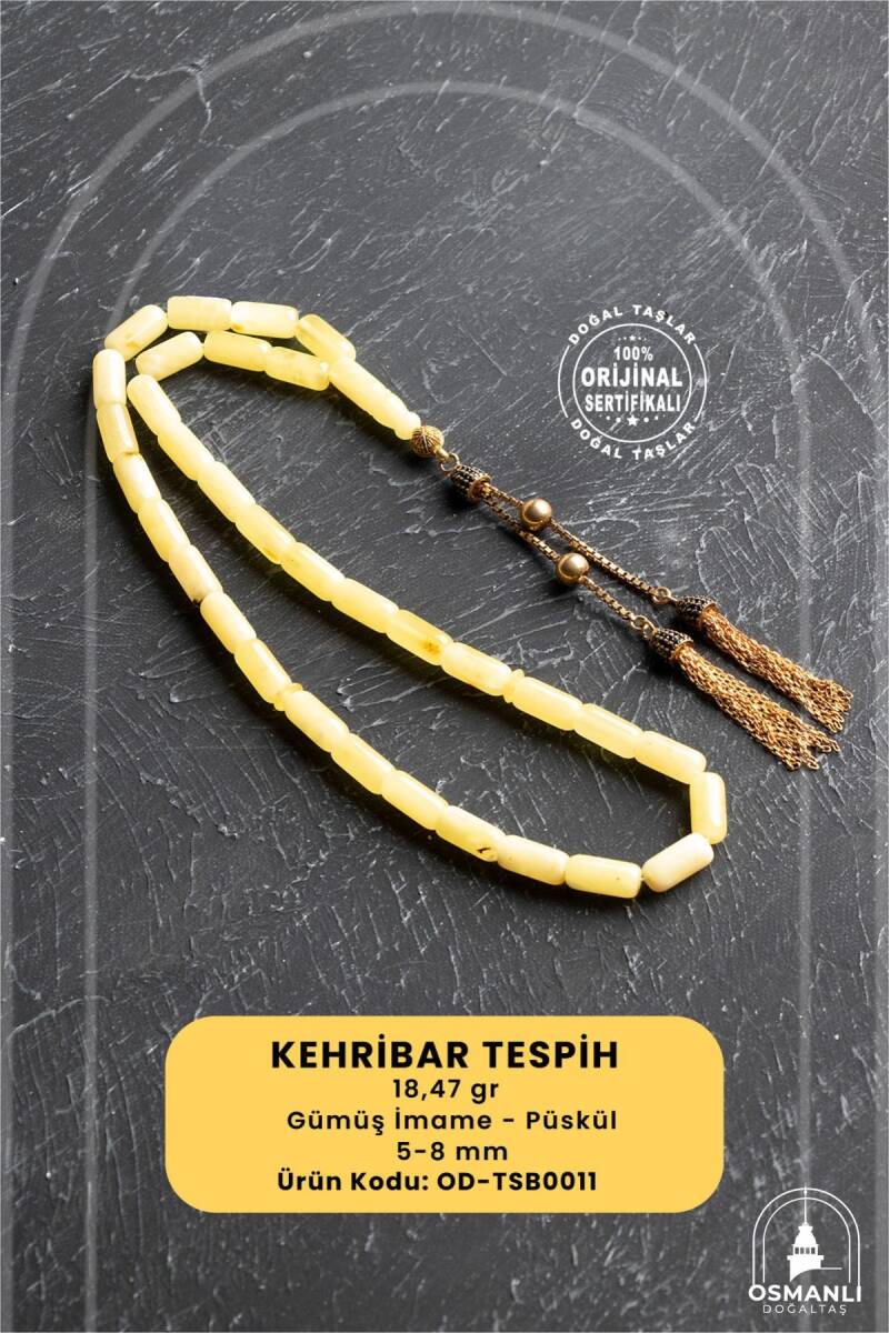 Sertifikalı 5-10 mm Silindir Kesim Gold Eskitme Kaplamalı Gümüş İmame ve Püsküllü Kehribar Tesbih - 18,47 gr - 1