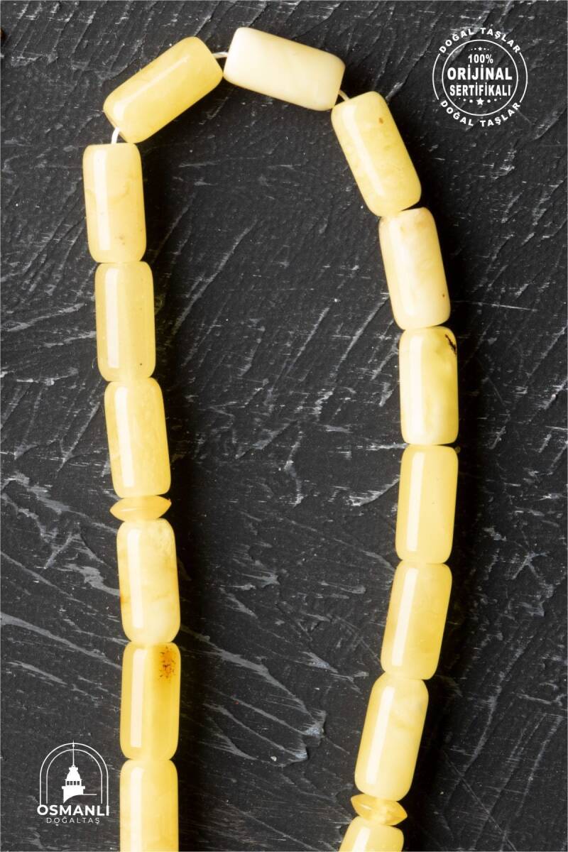 Sertifikalı 5-10 mm Silindir Kesim Gold Eskitme Kaplamalı Gümüş İmame ve Püsküllü Kehribar Tesbih - 18,47 gr - 2