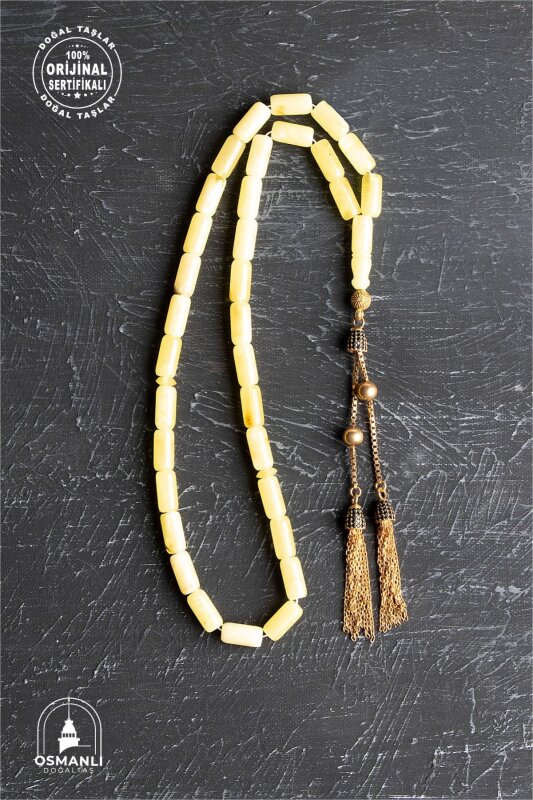 Sertifikalı 5-10 mm Silindir Kesim Gold Eskitme Kaplamalı Gümüş İmame ve Püsküllü Kehribar Tesbih - 18,47 gr - 4