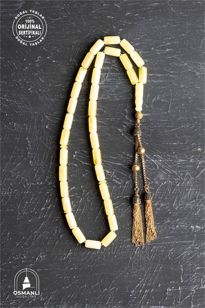 Sertifikalı 5-10 mm Silindir Kesim Gold Eskitme Kaplamalı Gümüş İmame ve Püsküllü Kehribar Tesbih - 18,47 gr - 4