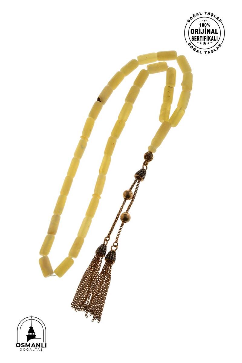 Sertifikalı 5-10 mm Silindir Kesim Gold Eskitme Kaplamalı Gümüş İmame ve Püsküllü Kehribar Tesbih - 18,47 gr - 5