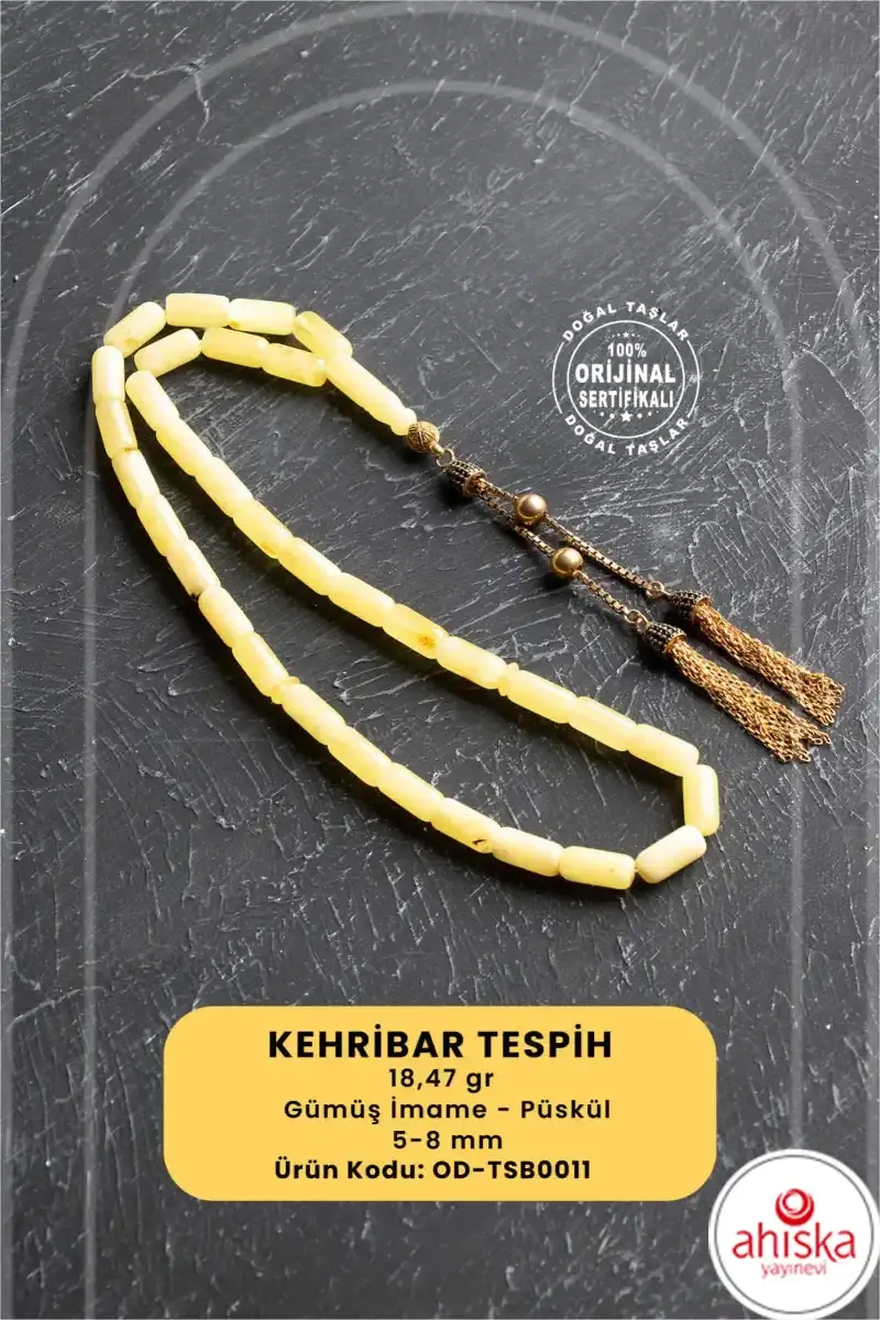 Sertifikalı 5-10 mm Silindir Kesim Gold Eskitme Kaplamalı Gümüş İmame ve Püsküllü Kehribar Tesbih - 18,47 gr