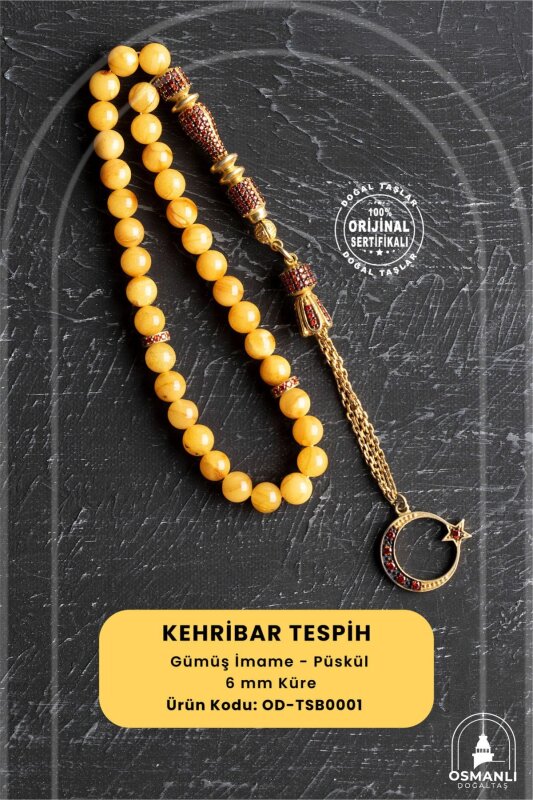 Sertifikalı 6 mm Küre Kesim Gold Kaplama Gümüş Ay Yıldızlı Kehribar Tesbih - Doğal Taş