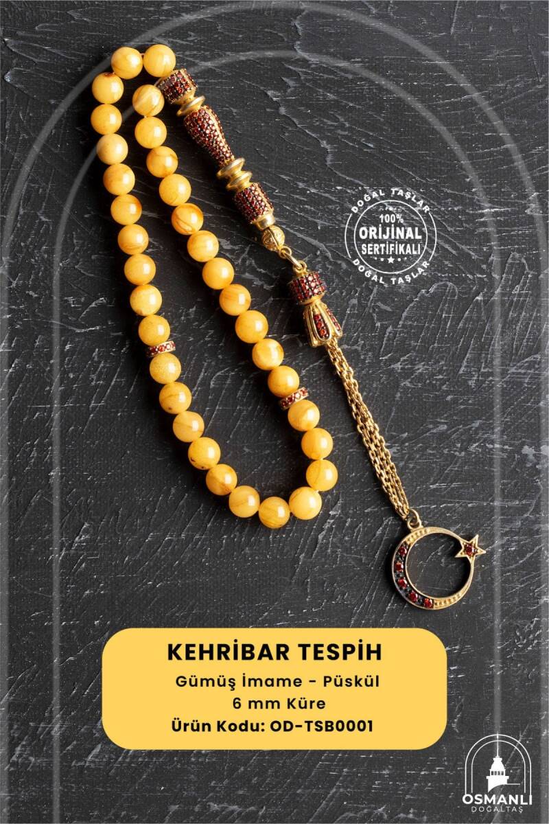 Sertifikalı 6 mm Küre Kesim Gold Kaplama Gümüş Ay Yıldızlı Kehribar Tesbih - 1
