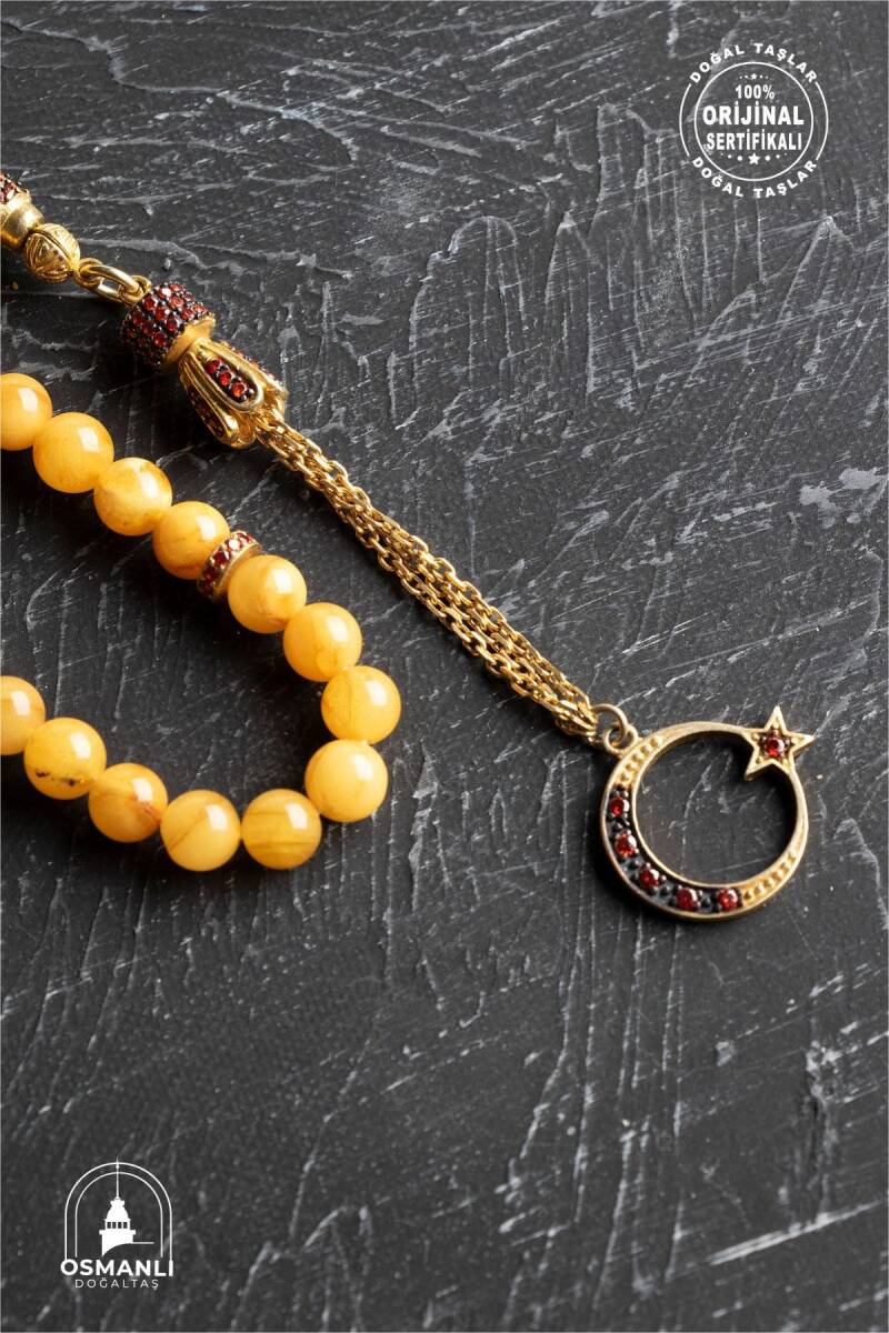 Sertifikalı 6 mm Küre Kesim Gold Kaplama Gümüş Ay Yıldızlı Kehribar Tesbih - 2