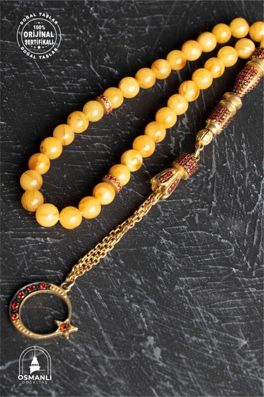 Sertifikalı 6 mm Küre Kesim Gold Kaplama Gümüş Ay Yıldızlı Kehribar Tesbih - 3