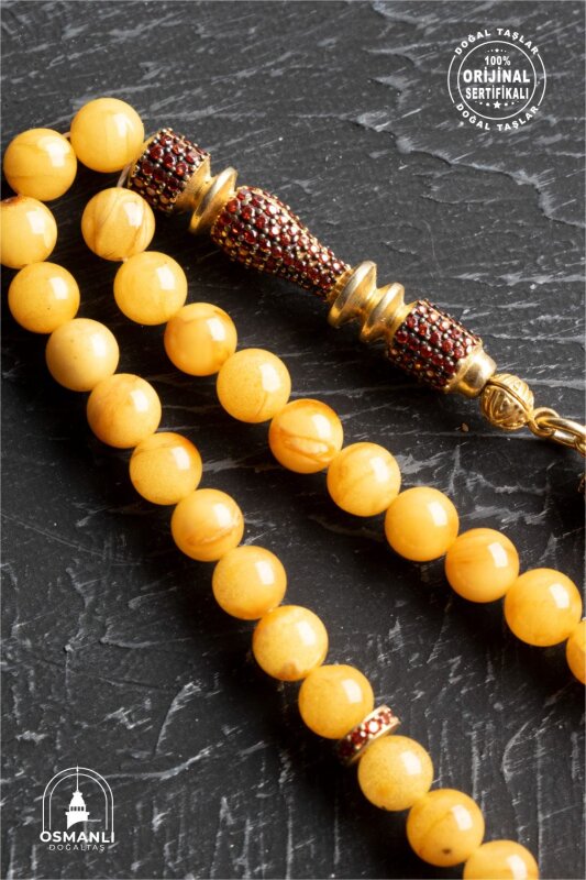 Sertifikalı 6 mm Küre Kesim Gold Kaplama Gümüş Ay Yıldızlı Kehribar Tesbih - 4