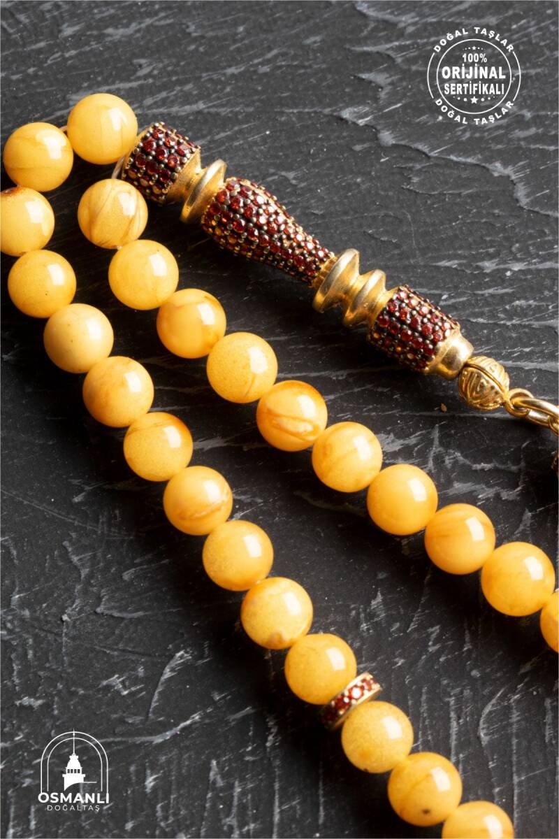 Sertifikalı 6 mm Küre Kesim Gold Kaplama Gümüş Ay Yıldızlı Kehribar Tesbih - 4