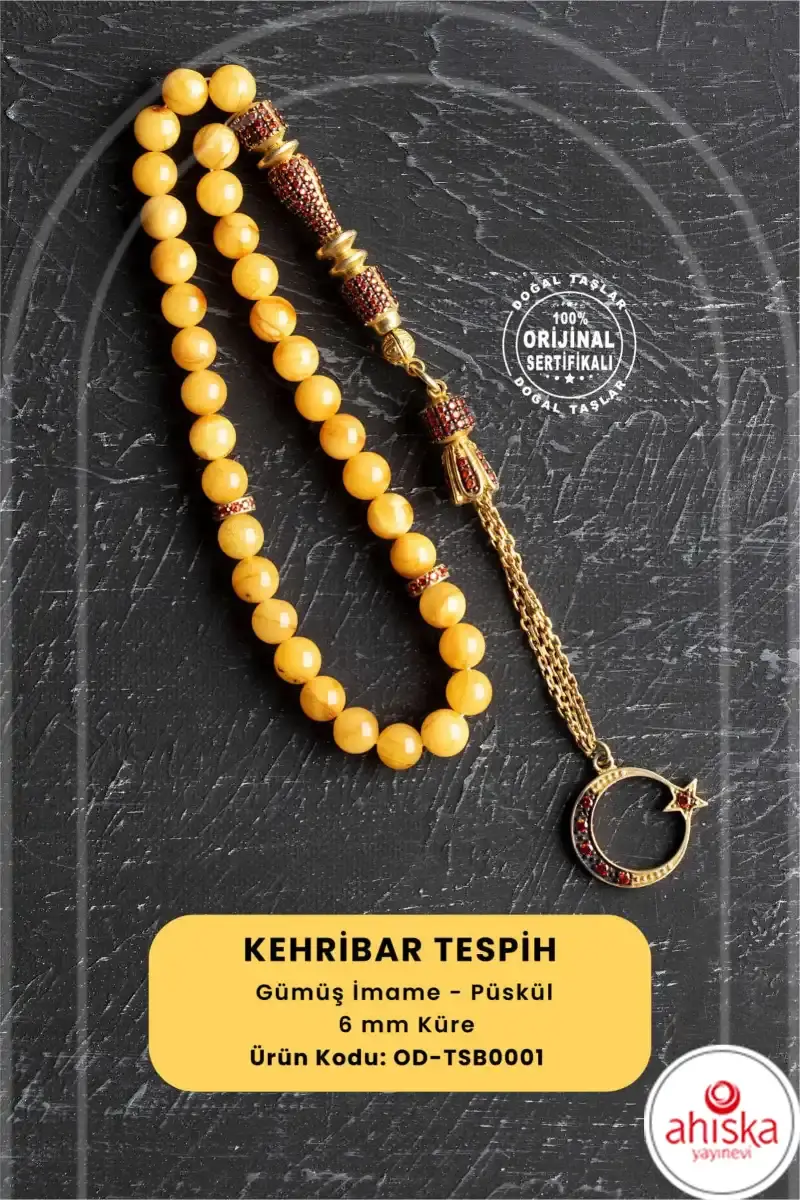 Sertifikalı 6 mm Küre Kesim Gold Kaplama Gümüş Ay Yıldızlı Kehribar Tesbih