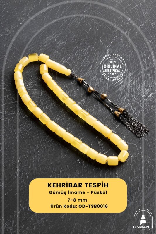 Sertifikalı 7-8 mm Silindir Kesim Gold Eskitme Kaplamalı Gümüş İmame ve Püsküllü Kehribar Tesbih - Doğal Taş