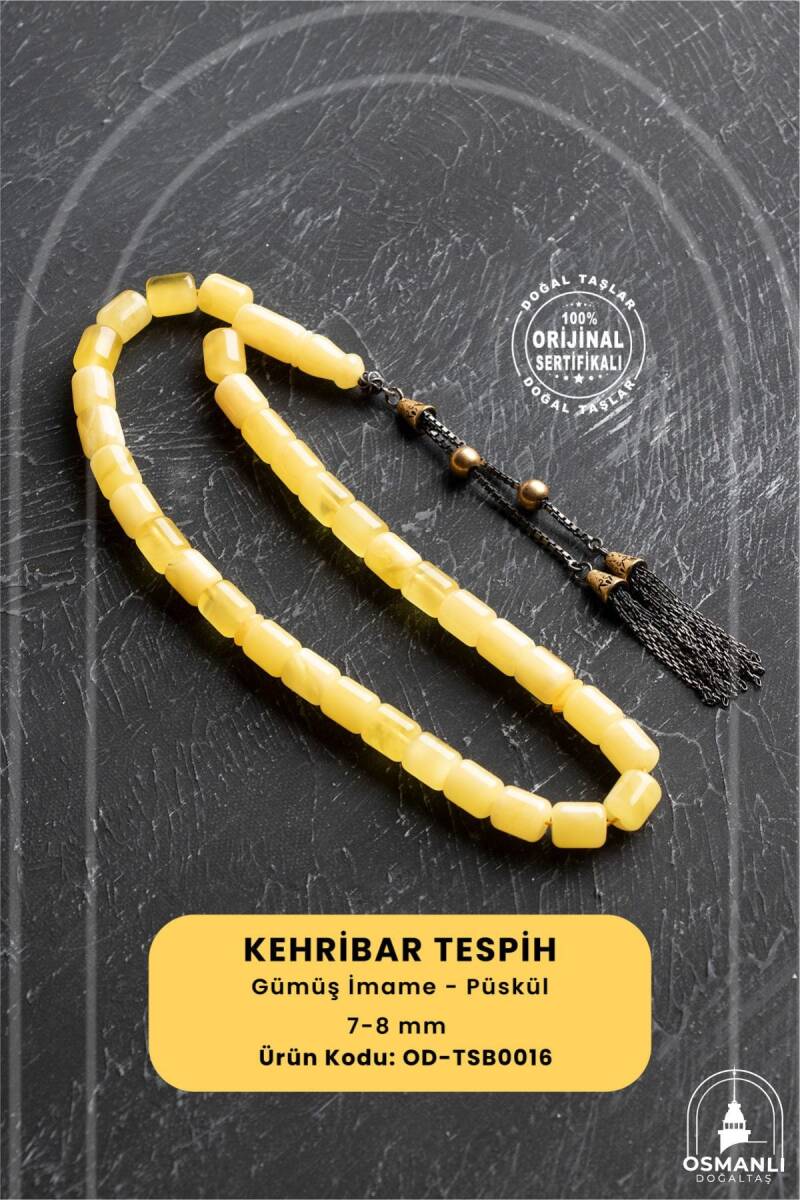 Sertifikalı 7-8 mm Silindir Kesim Gold Eskitme Kaplamalı Gümüş İmame ve Püsküllü Kehribar Tesbih - 1