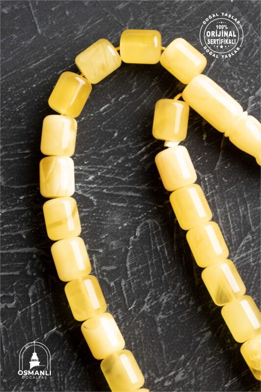 Sertifikalı 7-8 mm Silindir Kesim Gold Eskitme Kaplamalı Gümüş İmame ve Püsküllü Kehribar Tesbih - 2