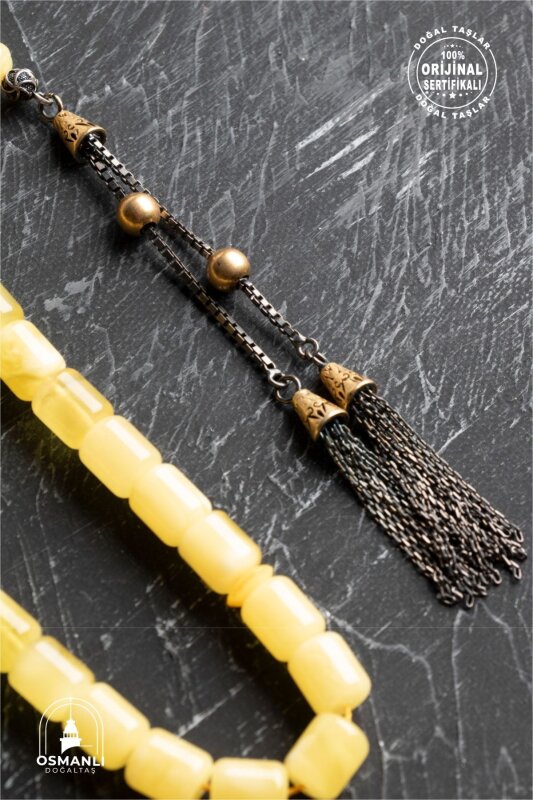 Sertifikalı 7-8 mm Silindir Kesim Gold Eskitme Kaplamalı Gümüş İmame ve Püsküllü Kehribar Tesbih - 3