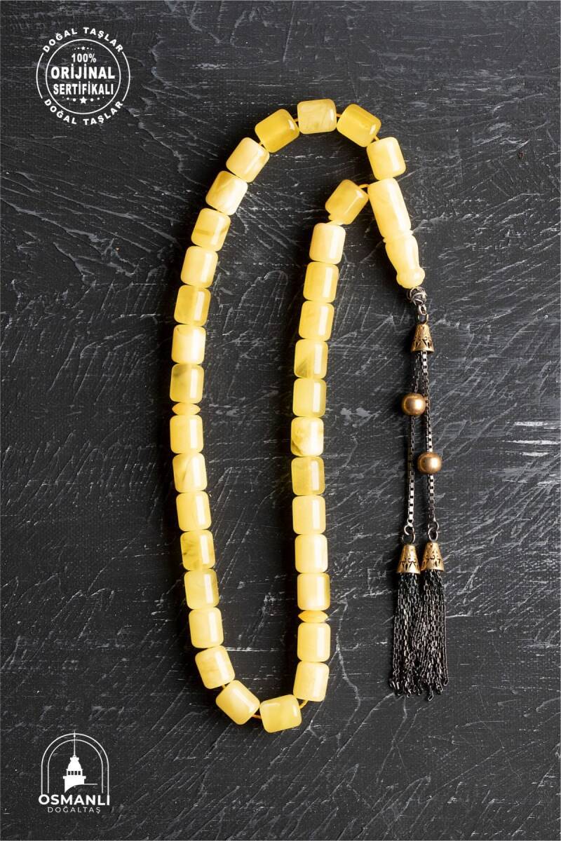 Sertifikalı 7-8 mm Silindir Kesim Gold Eskitme Kaplamalı Gümüş İmame ve Püsküllü Kehribar Tesbih - 4