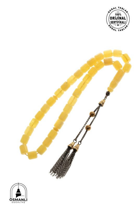 Sertifikalı 7-8 mm Silindir Kesim Gold Eskitme Kaplamalı Gümüş İmame ve Püsküllü Kehribar Tesbih - 5