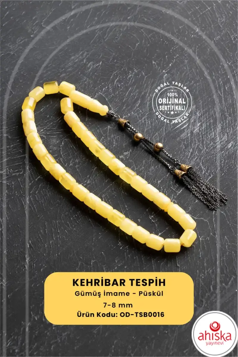 Sertifikalı 7-8 mm Silindir Kesim Gold Eskitme Kaplamalı Gümüş İmame ve Püsküllü Kehribar Tesbih