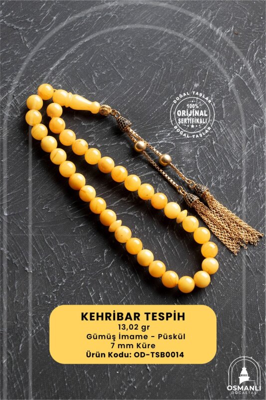 Sertifikalı 7 mm Küre Kesim Gold Eskitme Kaplamalı Gümüş İmame ve Püsküllü Kehribar Tesbih - 13,02 gr - Doğal Taş