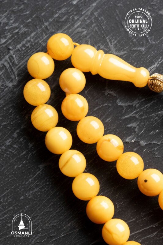 Sertifikalı 7 mm Küre Kesim Gold Eskitme Kaplamalı Gümüş İmame ve Püsküllü Kehribar Tesbih - 13,02 gr - 2