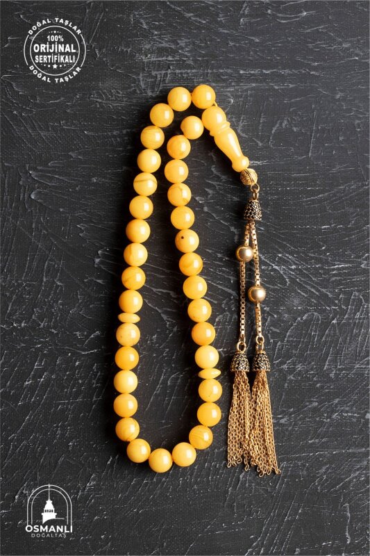 Sertifikalı 7 mm Küre Kesim Gold Eskitme Kaplamalı Gümüş İmame ve Püsküllü Kehribar Tesbih - 13,02 gr - 4