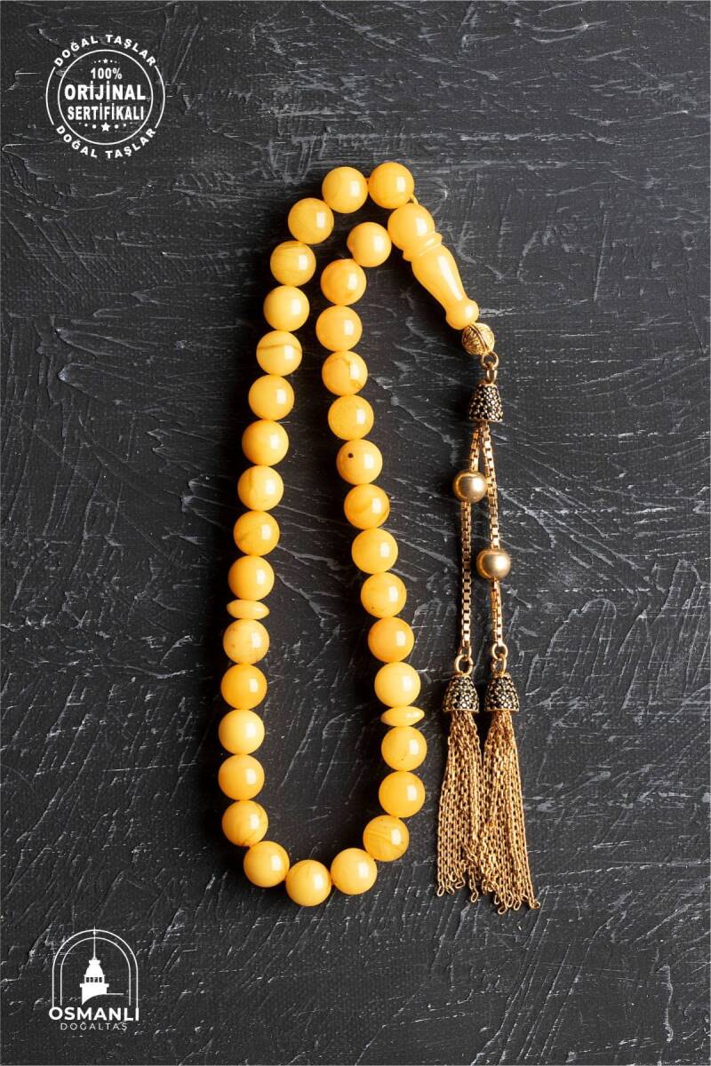 Sertifikalı 7 mm Küre Kesim Gold Eskitme Kaplamalı Gümüş İmame ve Püsküllü Kehribar Tesbih - 13,02 gr - 4