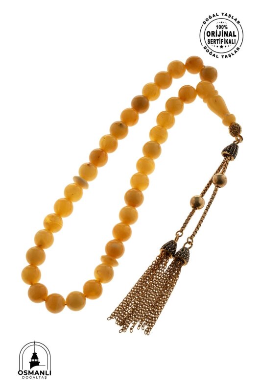 Sertifikalı 7 mm Küre Kesim Gold Eskitme Kaplamalı Gümüş İmame ve Püsküllü Kehribar Tesbih - 13,02 gr - 5