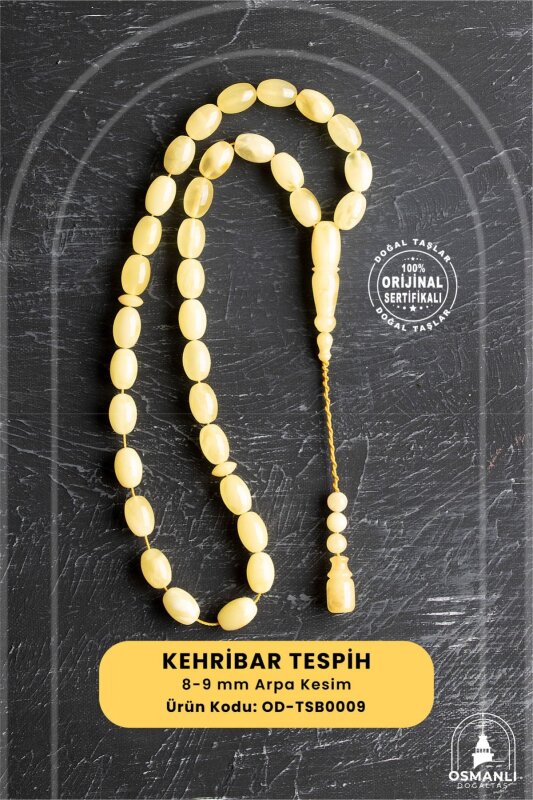 Sertifikalı 8-9 mm Arpa Kesim Kehribar Tesbih - Geleneksel ve Zarif Tasarım - Doğal Taş
