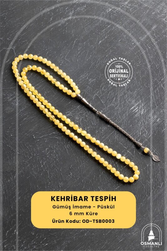 Sertifikalı 99'lu Yaprak Motifli Gümüş Kehribar Tesbih - 6 mm Küre Kesim - Doğal Taş