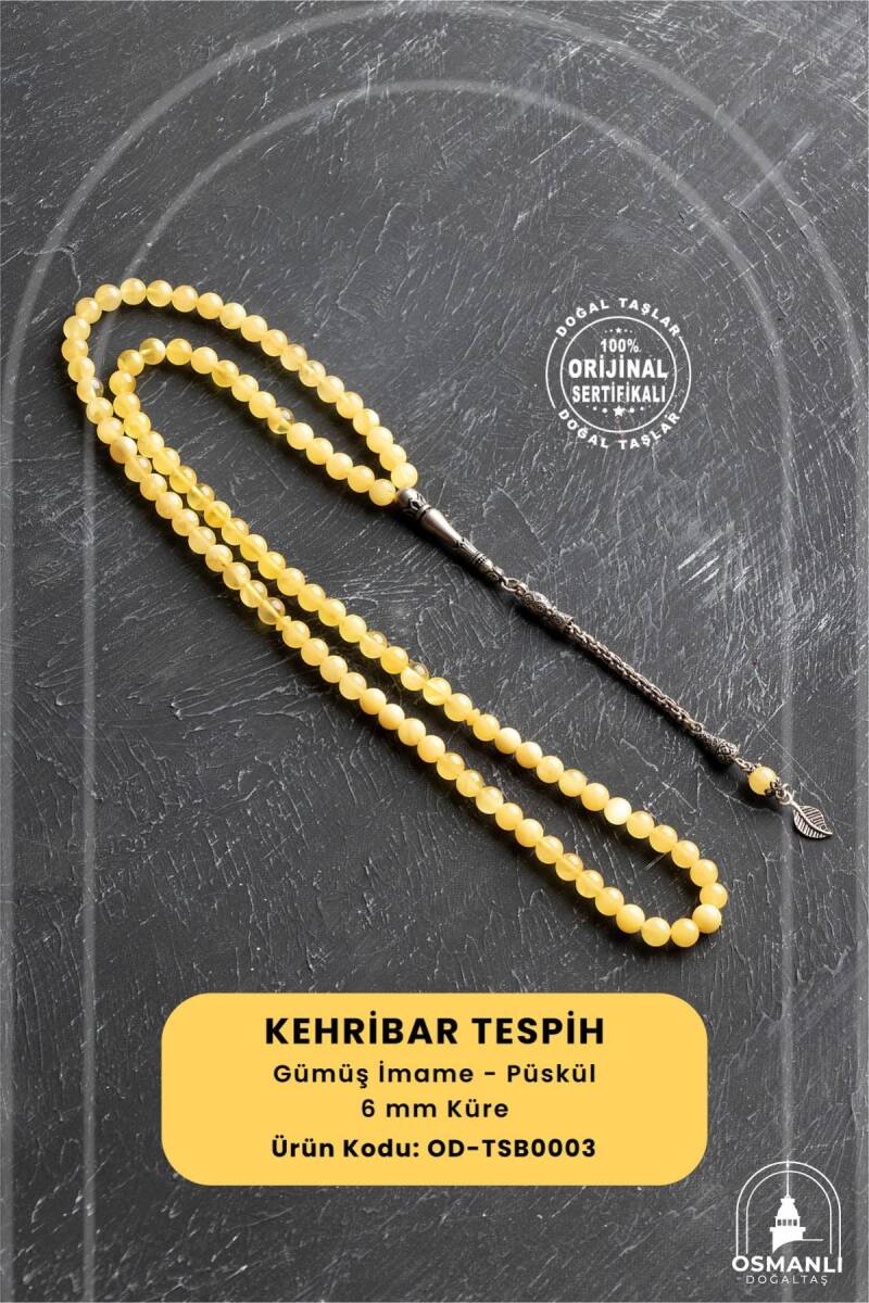 Sertifikalı 99'lu Yaprak Motifli Gümüş Kehribar Tesbih - 6 mm Küre Kesim - 1