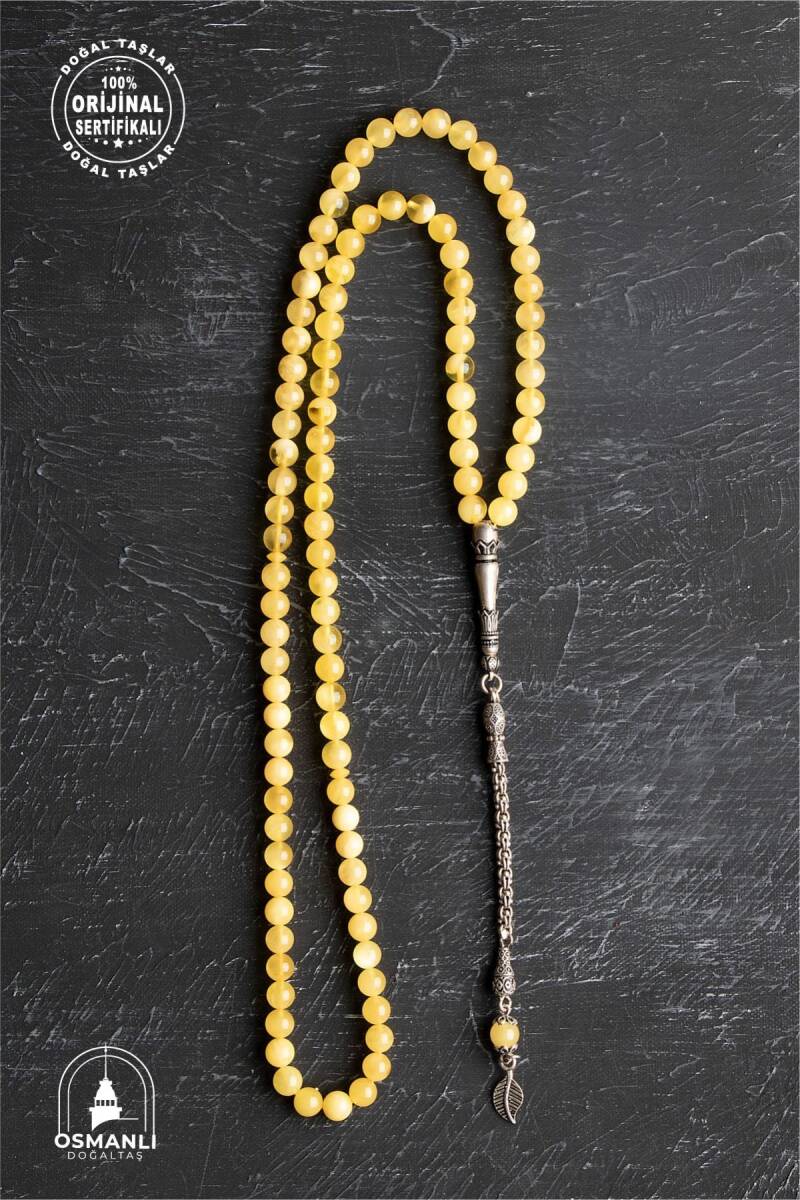 Sertifikalı 99'lu Yaprak Motifli Gümüş Kehribar Tesbih - 6 mm Küre Kesim - 3