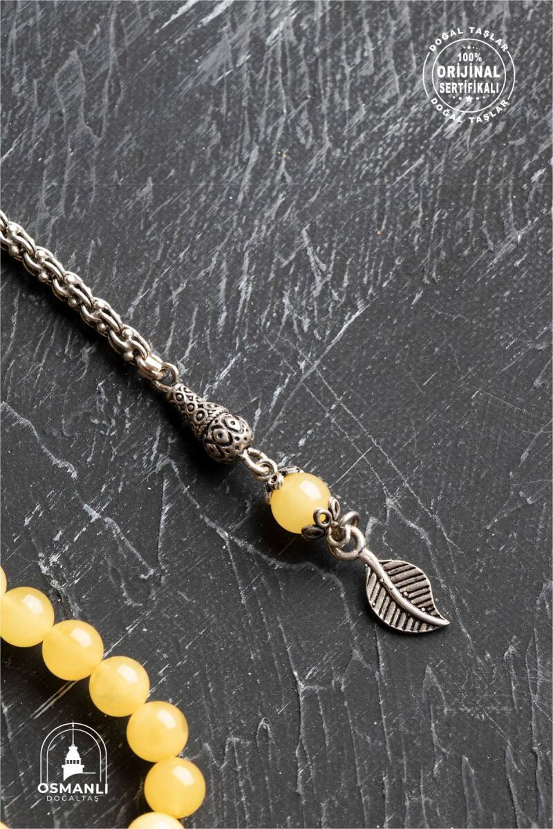 Sertifikalı 99'lu Yaprak Motifli Gümüş Kehribar Tesbih - 6 mm Küre Kesim - 4