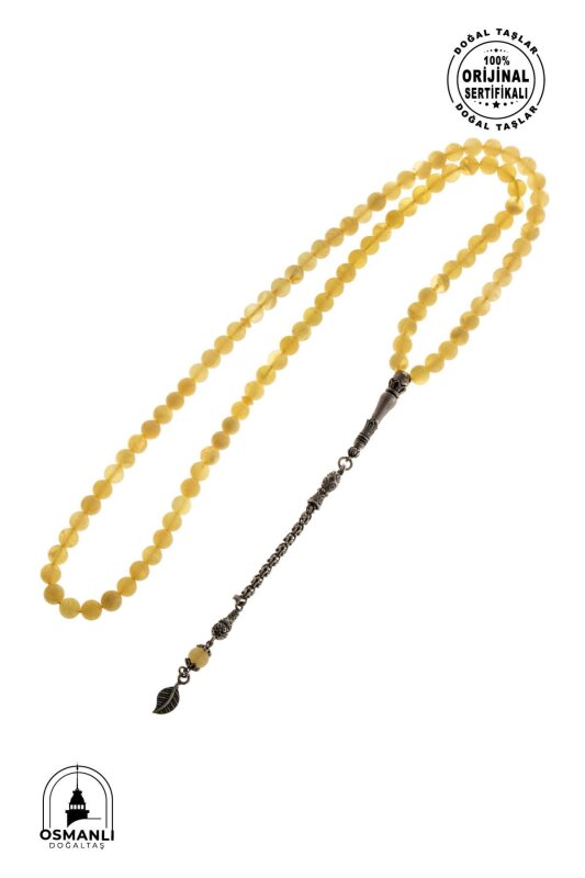 Sertifikalı 99'lu Yaprak Motifli Gümüş Kehribar Tesbih - 6 mm Küre Kesim - 5