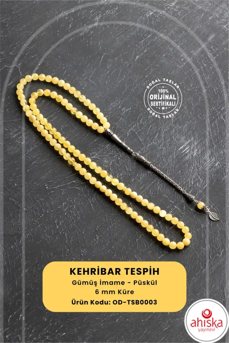 Sertifikalı 99'lu Yaprak Motifli Gümüş Kehribar Tesbih - 6 mm Küre Kesim